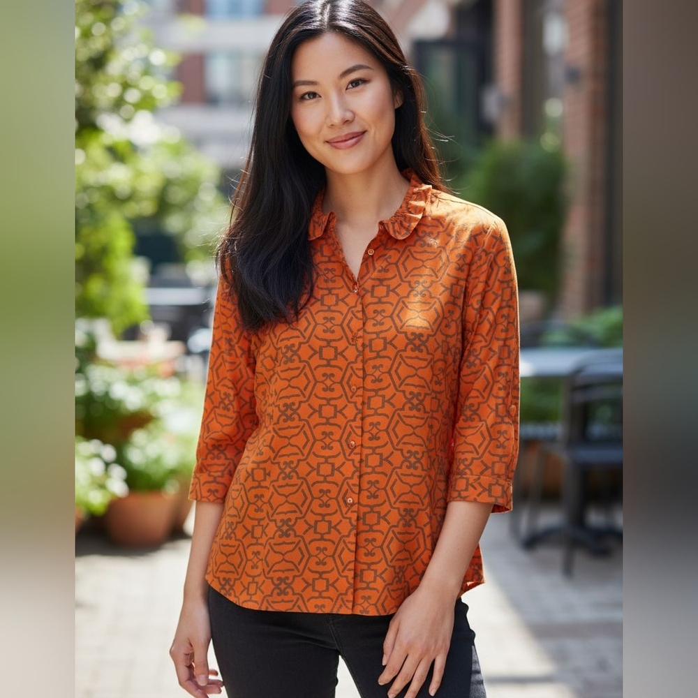 Patty Kim Orange Geometric Pattern Button Down Shirt Women's Size Extra Large XL